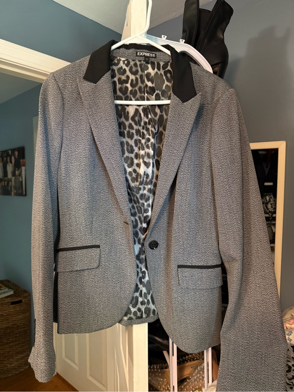 Express Gray Textured Blazer with Black Trim
